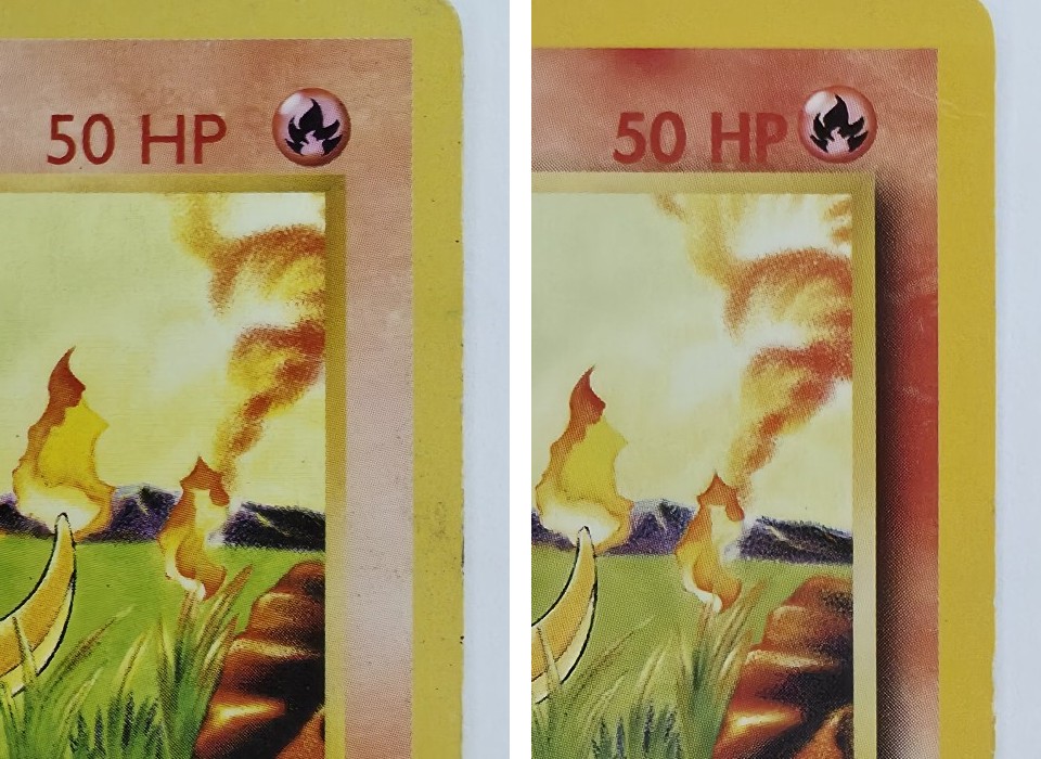 Top right corners of two 1999 Base Set Charmander cards. Left, Shadowless, thin 50 HP and no shadow beside the art. Right, Unlimited, bolder 50 HP and a dark shadow down the right side of the art.