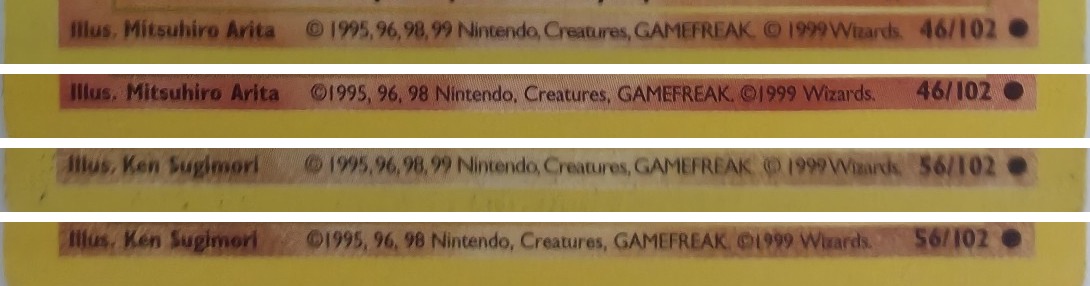 Copyright lines from four Base Set cards. The Shadowless Charmander and Onix read 1995, 96, 98, 99. The Unlimited Charmander and Onix read 1995, 96, 98.