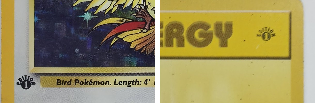 The Edition 1 stamp on a 1999 Jungle Pidgeot, under the bottom left of the art, and on a 1999 Base Set Lightning Energy, next to the word ENERGY.