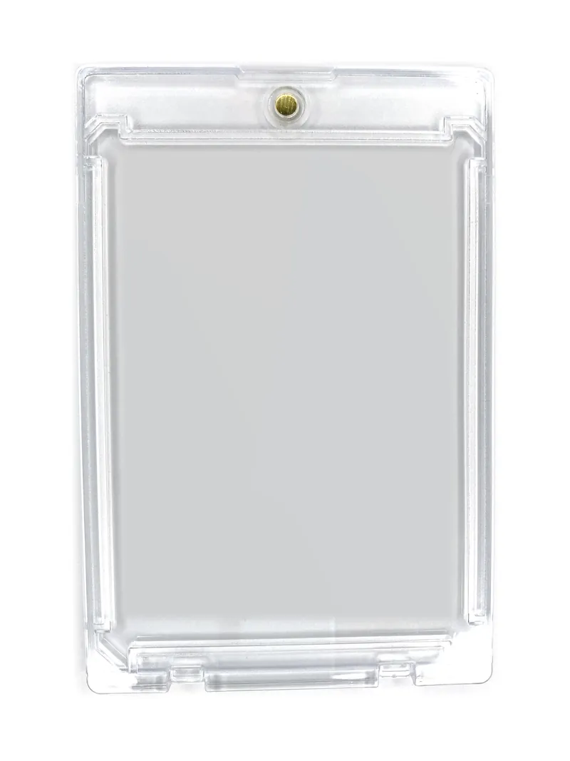 Our collector case: a clear 35pt magnetic one-touch holder, empty, seen from the frame side