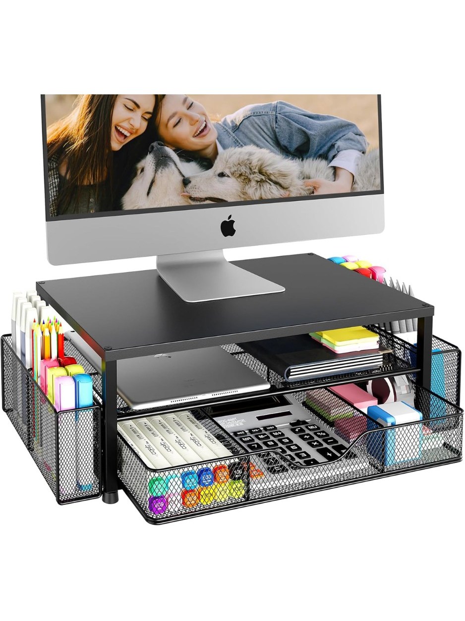 2-Tier Monitor Stand with Storage Drawer and Mesh Pen Holders, photo 1