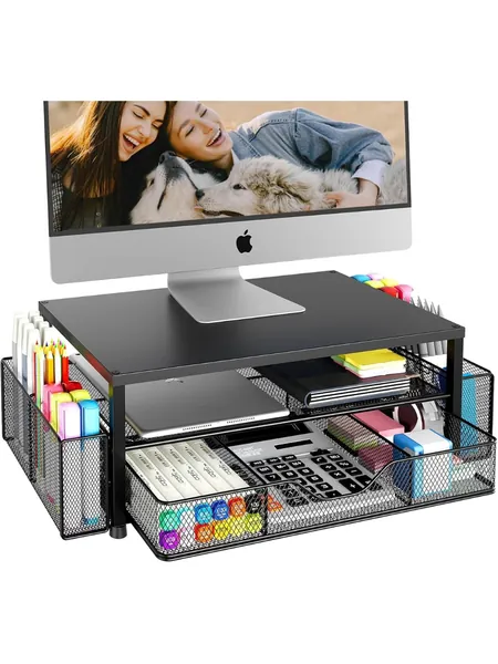 2-Tier Monitor Stand with Storage Drawer and Mesh Pen Holders, photo 1