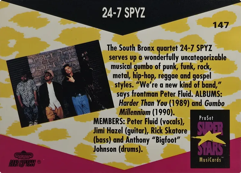 1991 Pro Set SuperStars MusiCards 24-7 Spyz #147, back