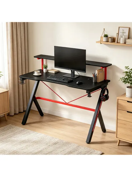 47 In Black Gaming Desk with Monitor Shelf, Cup Holder and Headphone H, photo 1