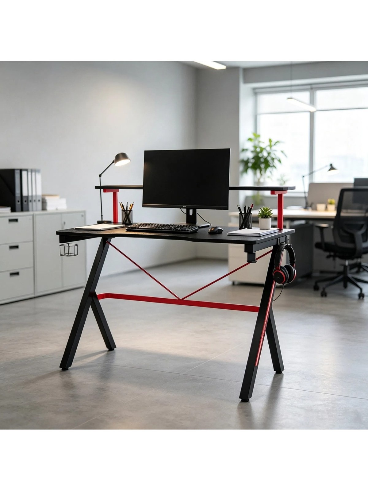 47 In Black Gaming Desk with Monitor Shelf, Cup Holder and Headphone H, photo 2