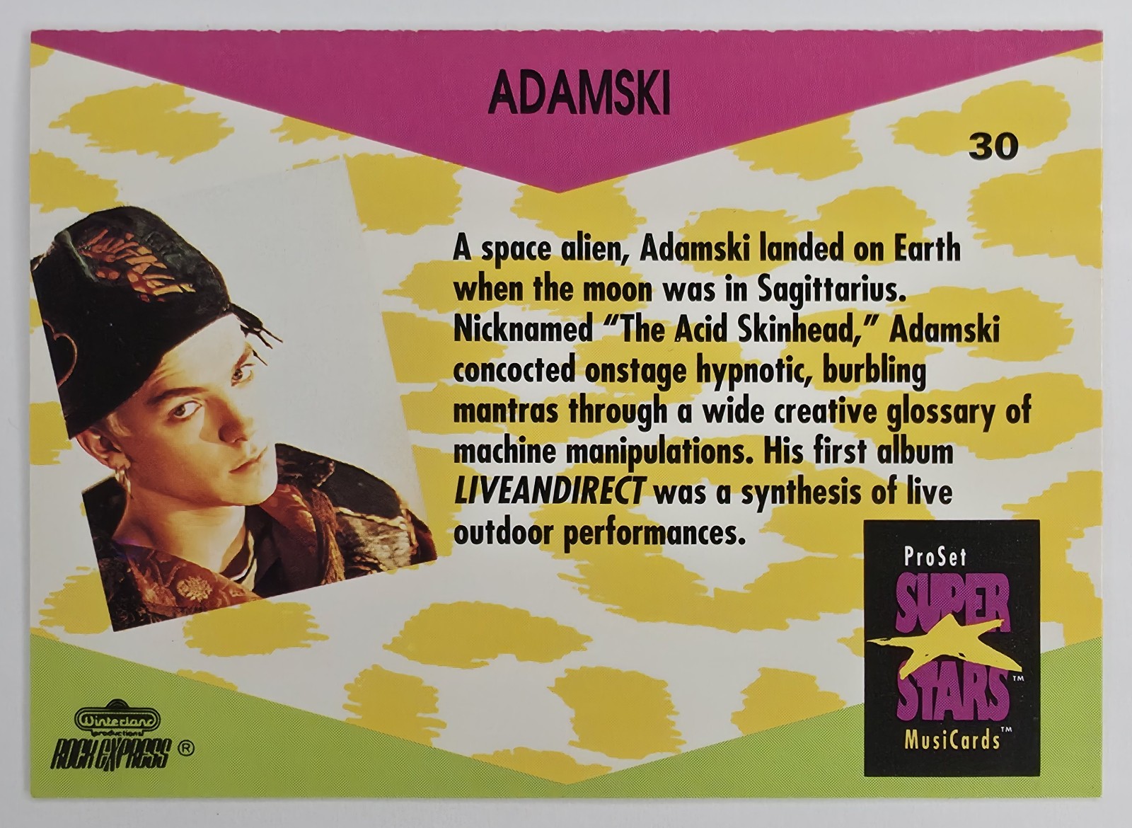 1991 Pro Set SuperStars MusiCards Adamski #30 back