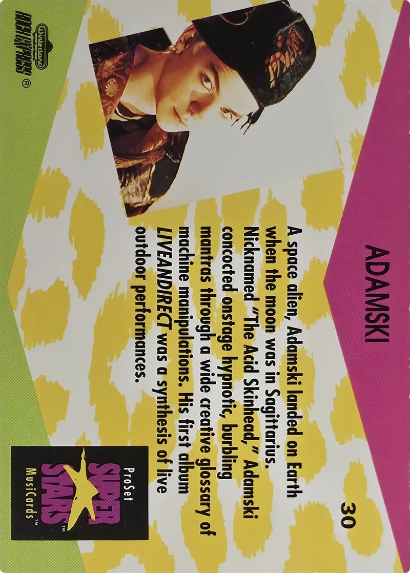 1991 Pro Set SuperStars MusiCards Adamski #30, back