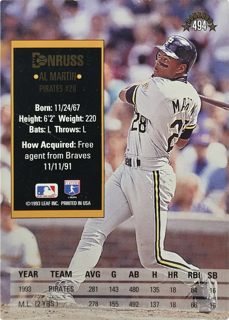 1994 Donruss Al Martin #494 Pittsburgh Pirates, back