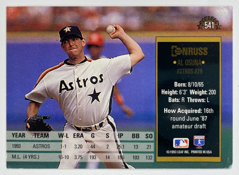 1994 Donruss Al Osuna #541 Houston Astros back