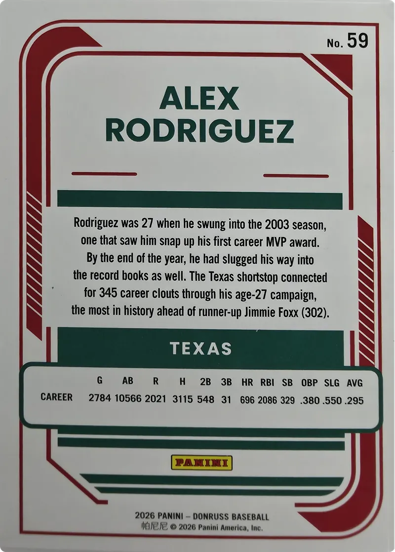 2026 Donruss Baseball Alex Rodriguez #59 Base, back