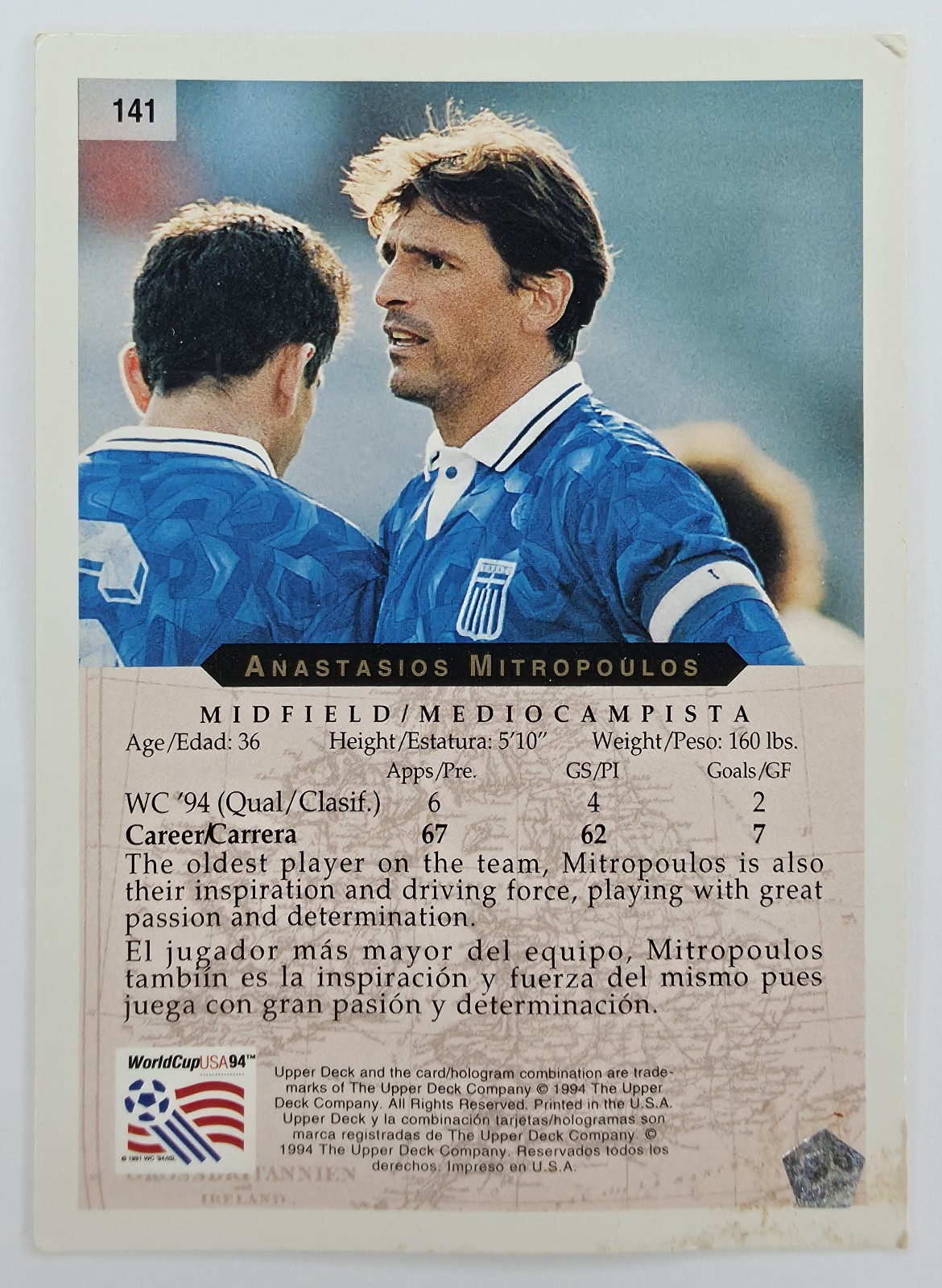 1994 Upper Deck World Cup English/Spanish Anastasios Mitropoulos #141 Greece back