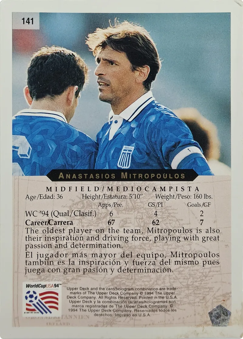 1994 Upper Deck World Cup English/Spanish Anastasios Mitropoulos #141 Greece, back