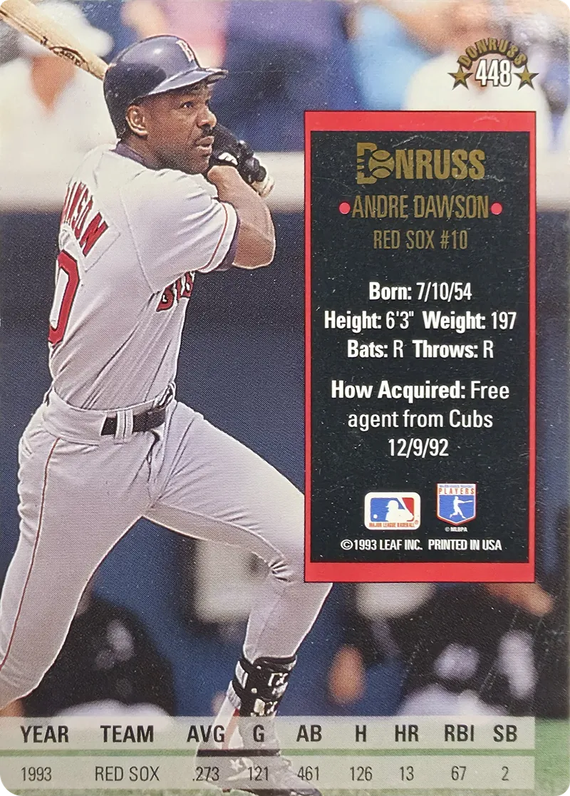 1994 Donruss Andre Dawson #448 Boston Red Sox Hall of Famer, back