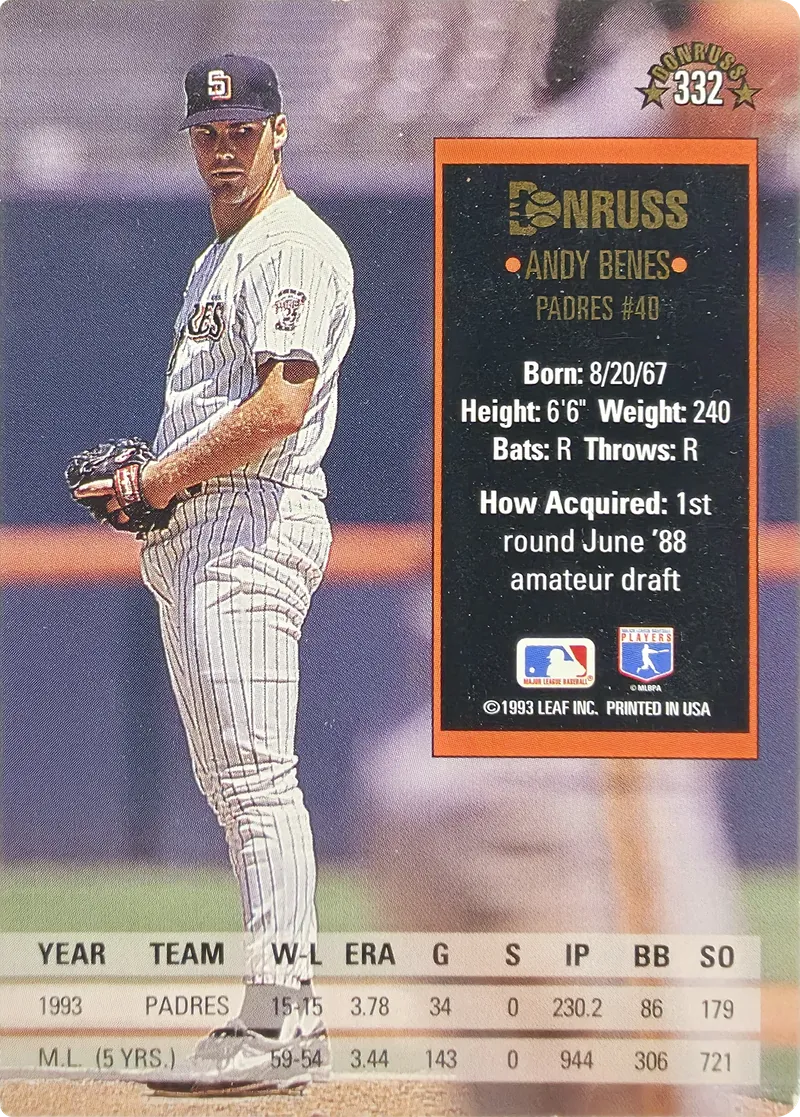 1994 Donruss Andy Benes #332 San Diego Padres, back