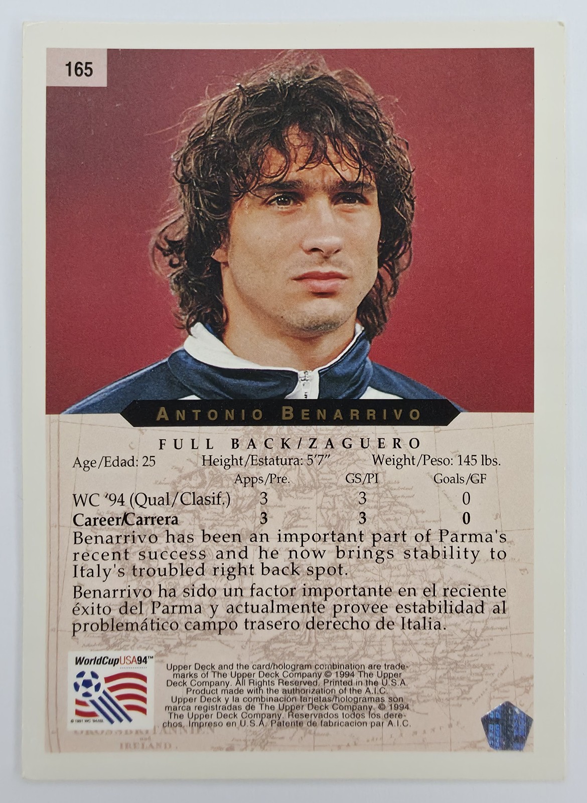 1994 Upper Deck World Cup English/Spanish Antonio Benarrivo #165 Italy back
