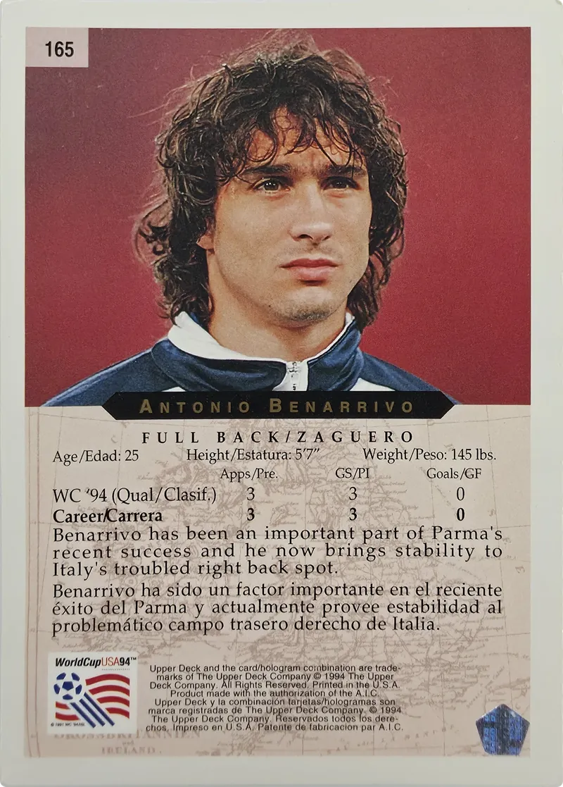 1994 Upper Deck World Cup English/Spanish Antonio Benarrivo #165 Italy, back