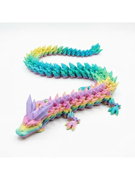 Rainbow articulated 3D printed crystal dragon figure, photo 1