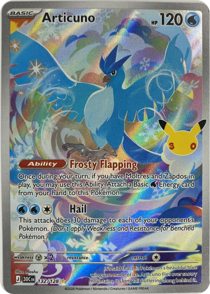 2026 Pokemon 30th Celebration Articuno #132/128 Illustration Rare Holo front
