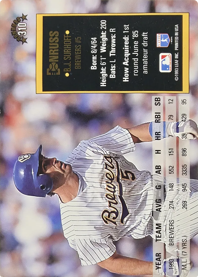 1994 Donruss B.J. Surhoff #310 Milwaukee Brewers, back