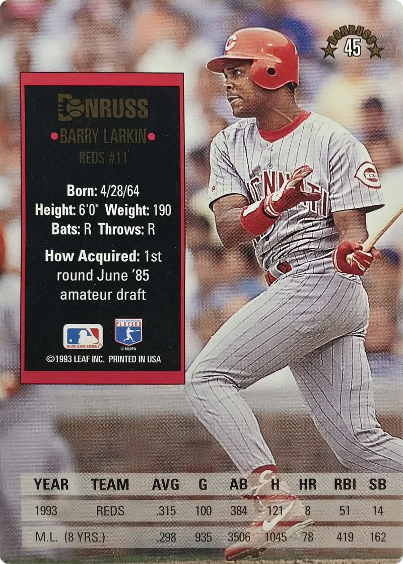 1994 Donruss Barry Larkin #45 Cincinnati Reds Hall of Famer, back