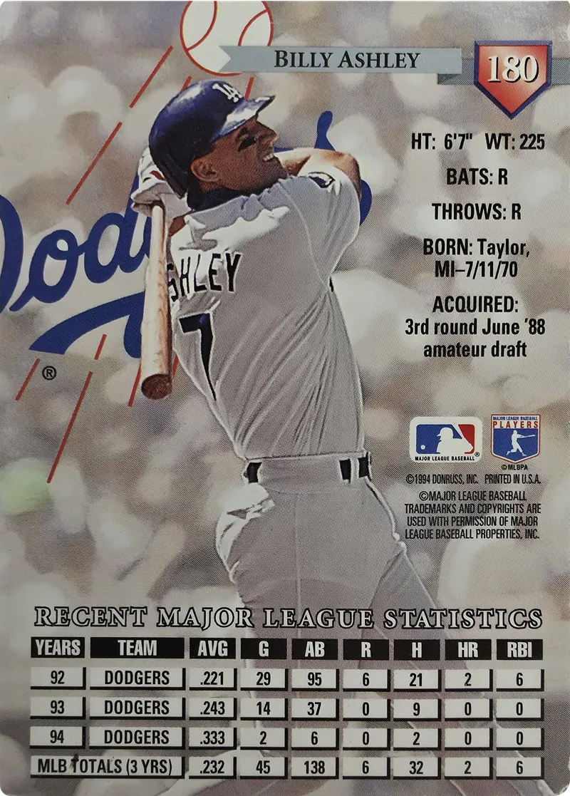 1995 Donruss Billy Ashley #180 Los Angeles Dodgers, back