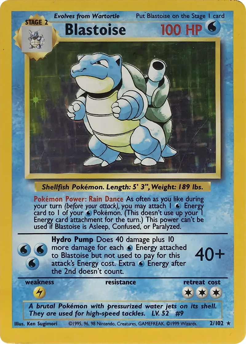 1999 Pokemon Base Set Blastoise #2/102 Unlimited Holo Rare, front