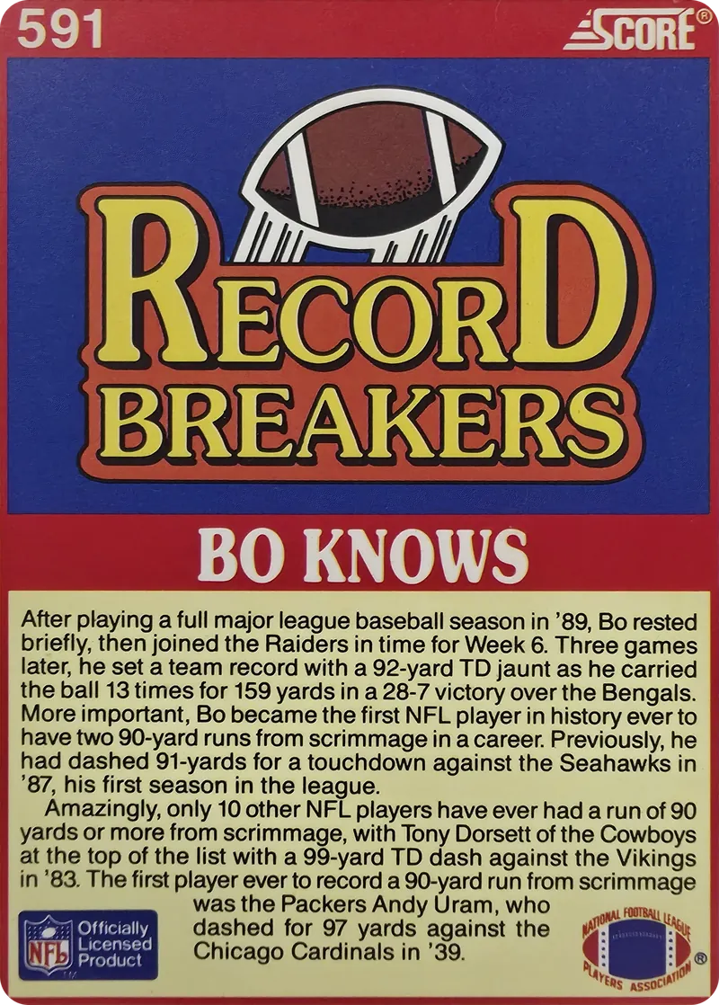 1990 Score Record Breakers Bo Jackson #591, back