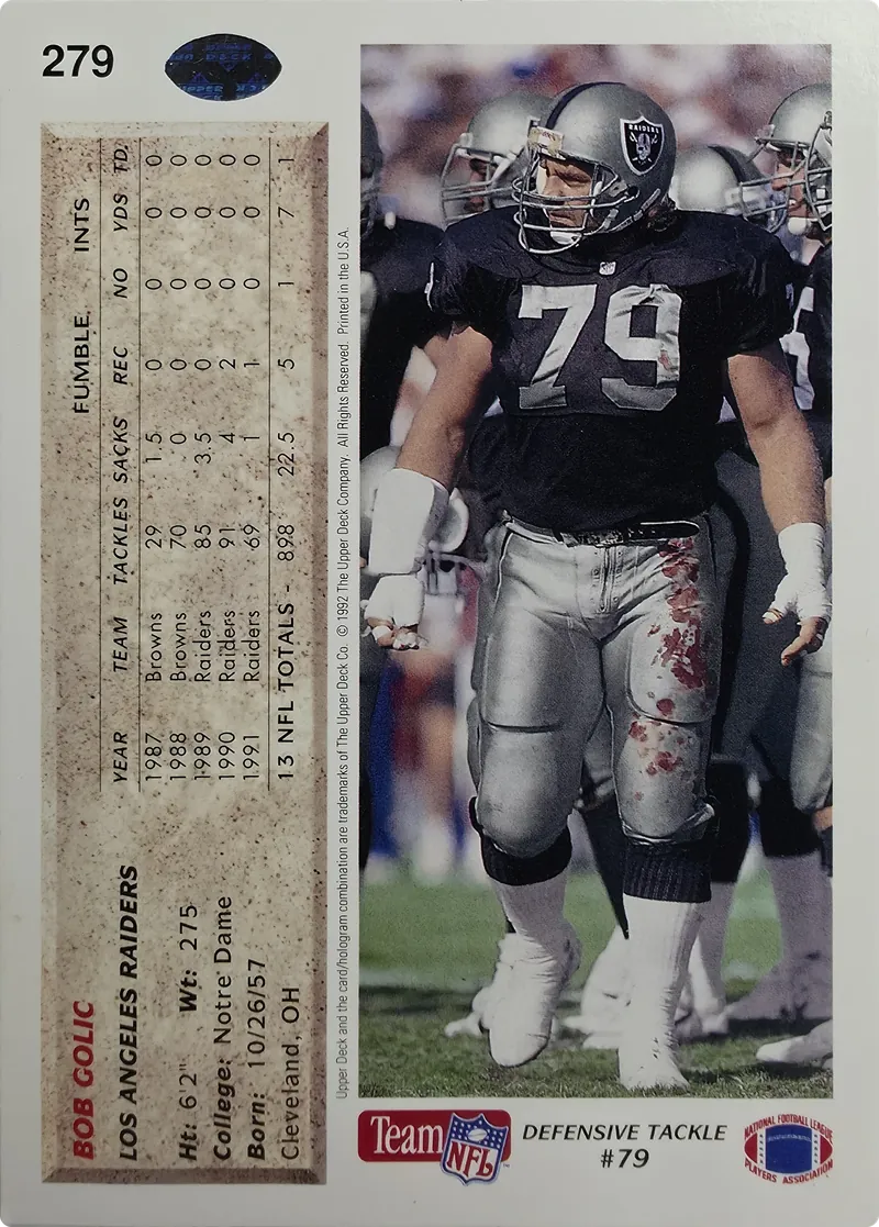 1992 Upper Deck Bob Golic #279, back