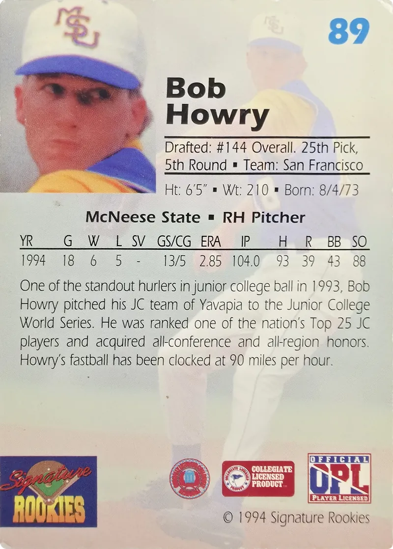 1994 Signature Rookies Draft Picks Bob Howry #89, back