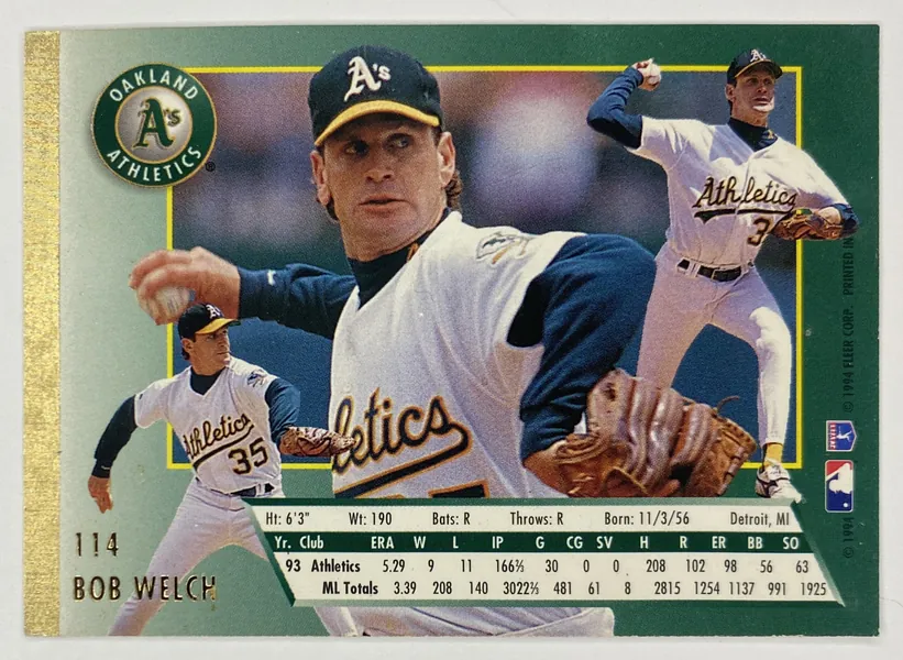 1994 Fleer Ultra Bob Welch #114 Oakland Athletics back