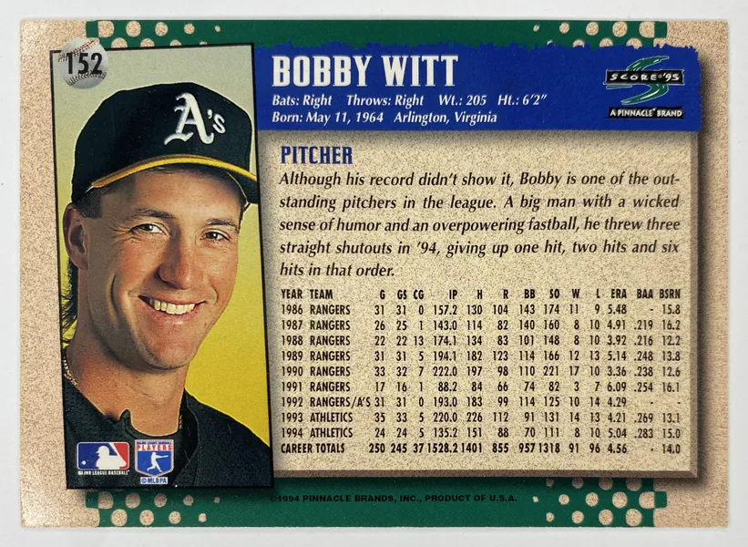 1995 Score Bobby Witt #152 Oakland Athletics back