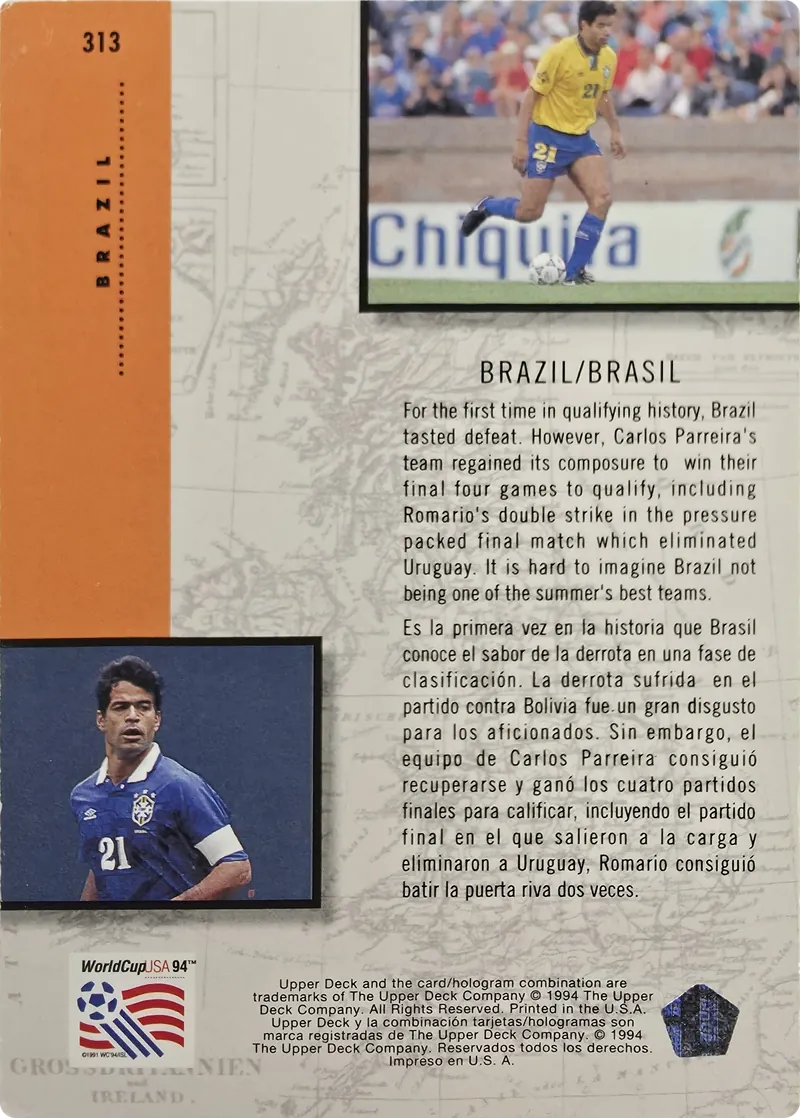 1994 Upper Deck World Cup English/Spanish Brazil #313 Road to Finals, back