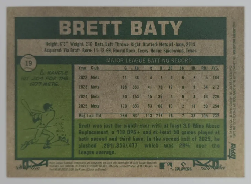 2026 Topps Heritage Brett Baty #19 New York Mets back