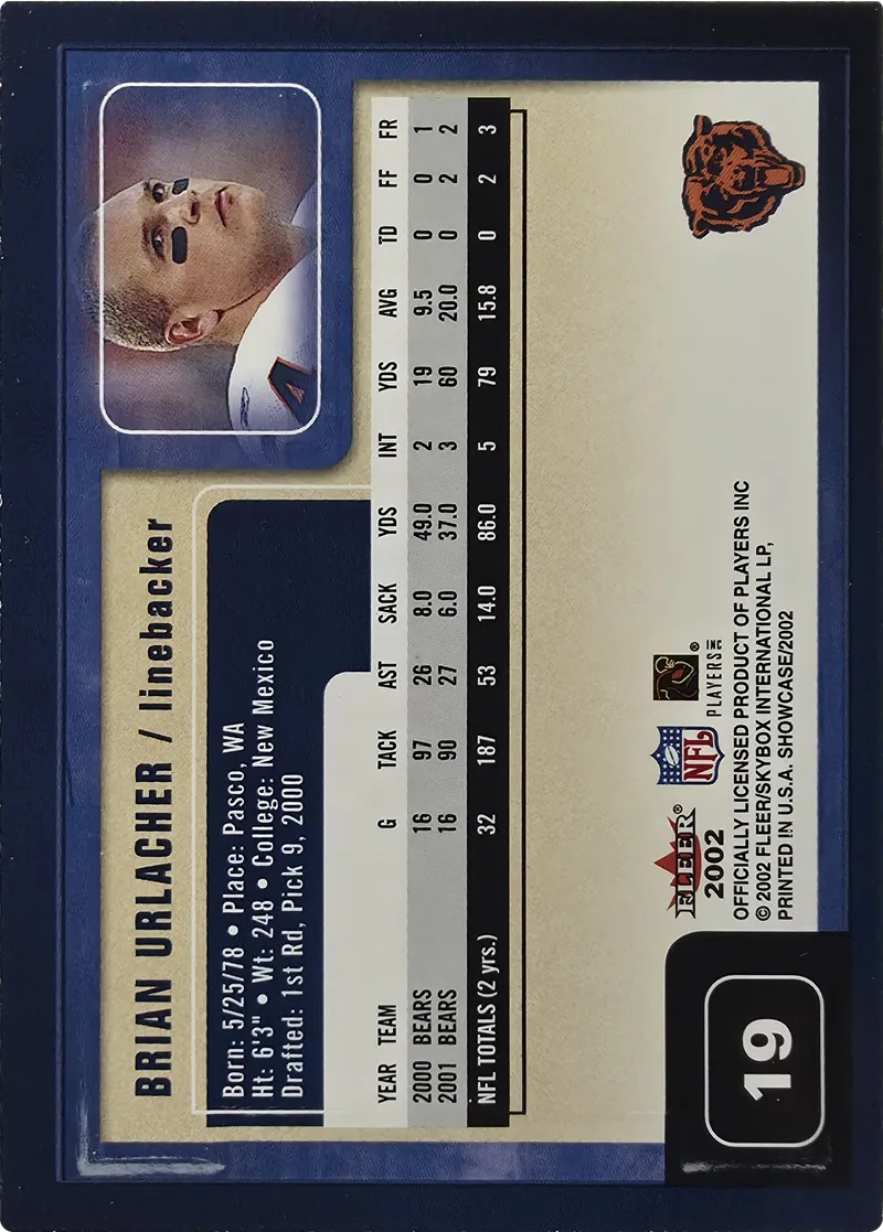 2002 Fleer Showcase Brian Urlacher #19, back