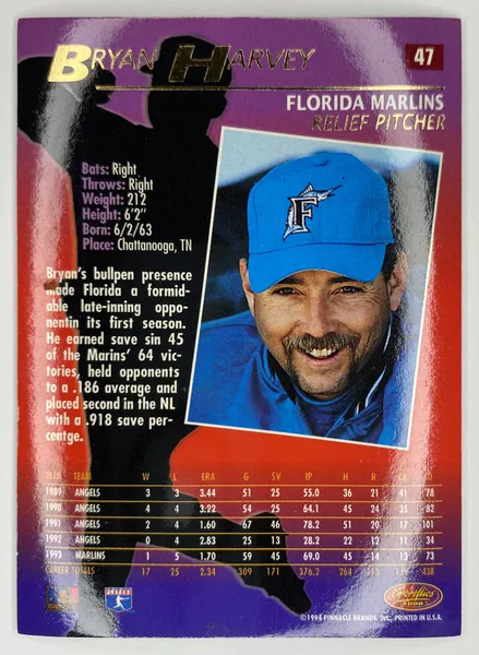 1994 Sportflics 2000 Bryan Harvey #47 Florida Marlins back