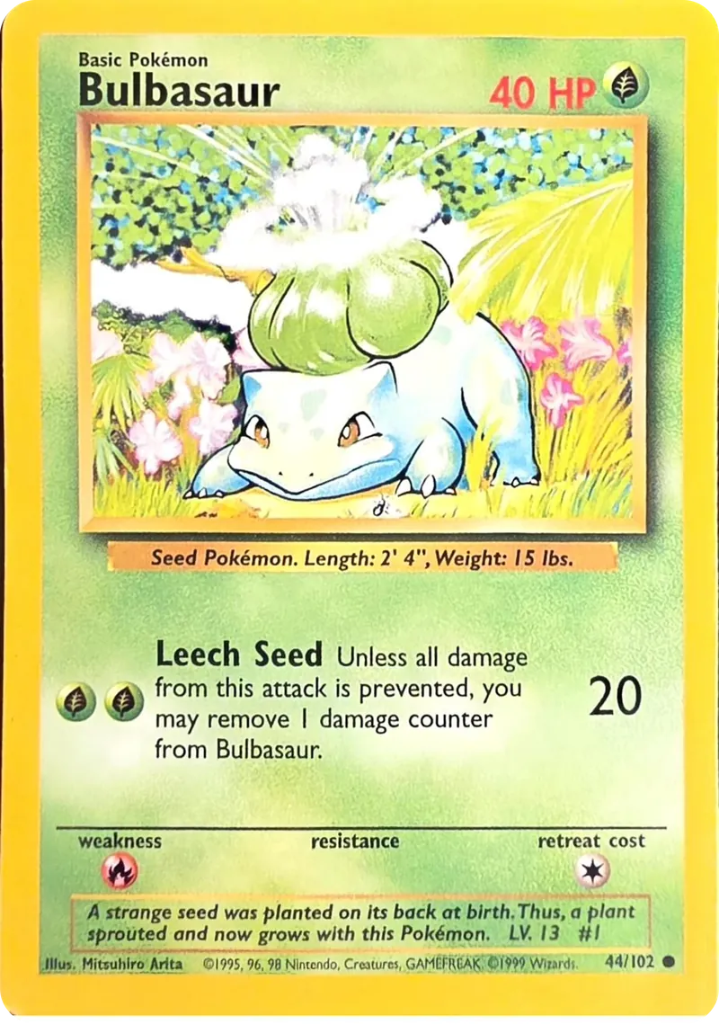 1999 Pokemon Base Set Bulbasaur #44/102 Unlimited Common, front