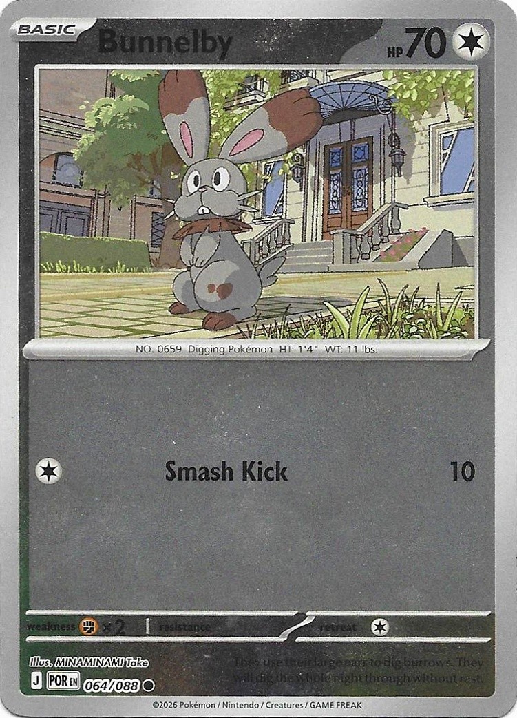 2026 Pokemon Perfect Order Bunnelby #064/088 Reverse Holo Common front, flatbed scan (shows surface detail)