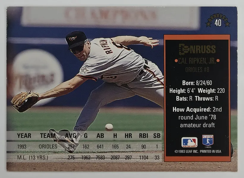 1994 Donruss Cal Ripken Jr. #40 Baltimore Orioles back