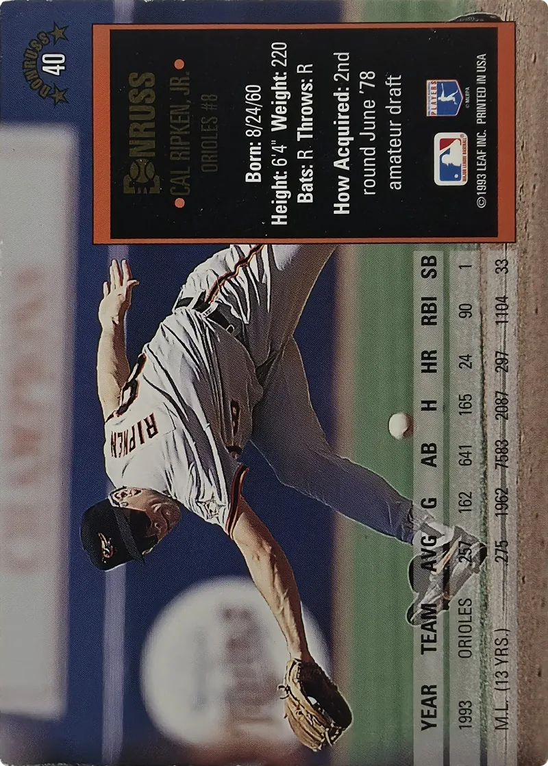 1994 Donruss Cal Ripken Jr. #40 Baltimore Orioles, back