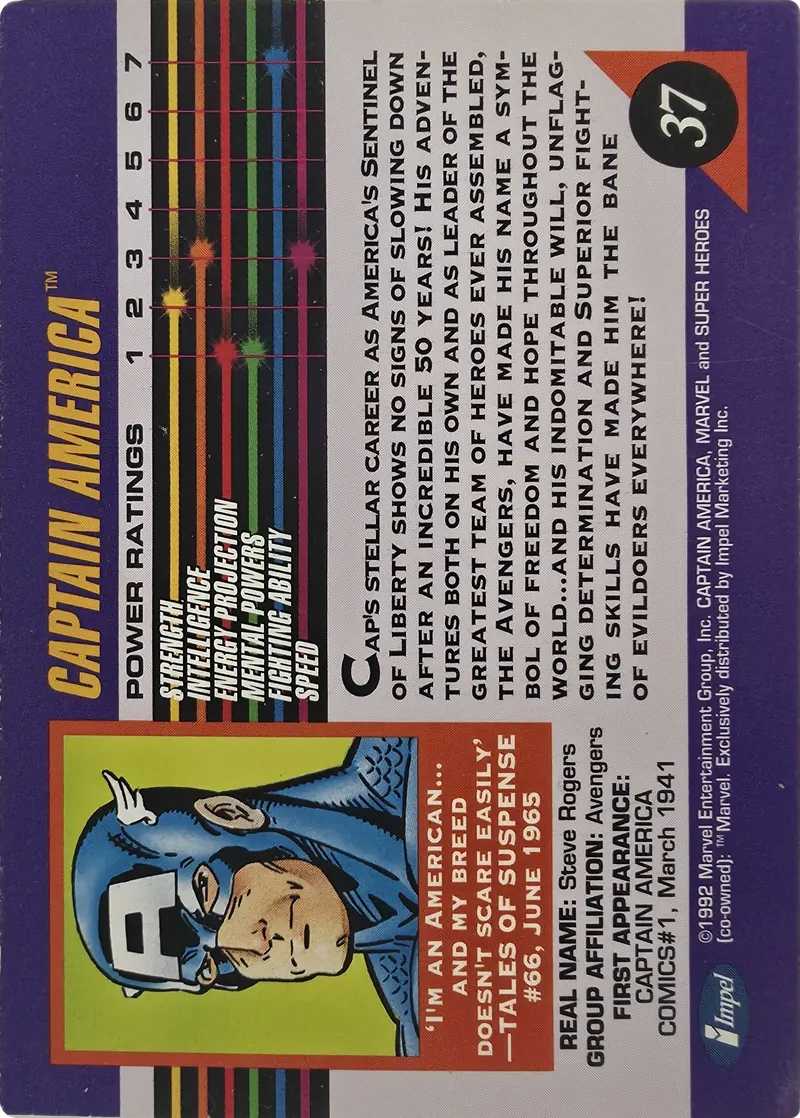 1992 Impel Marvel Universe Series III Captain America #37, back