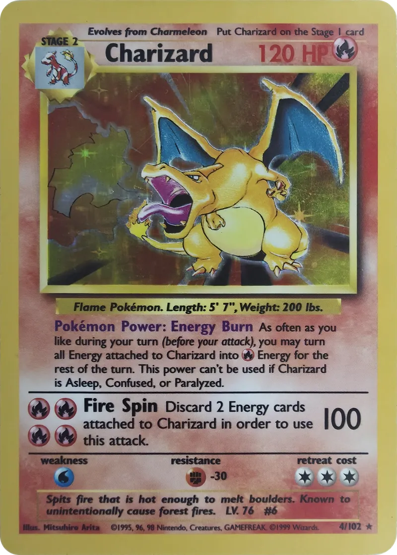 1999 Pokemon Base Set Charizard #4/102 Unlimited Holo Rare, front