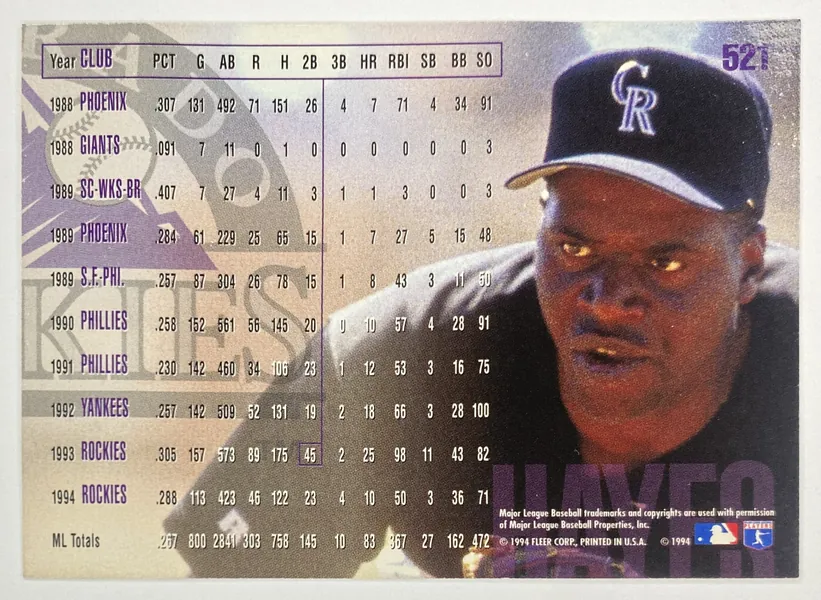 1995 Fleer Charlie Hayes #521 Colorado Rockies back