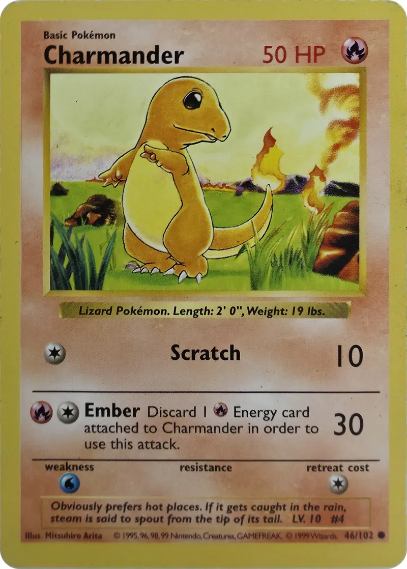 1999 Pokemon Base Set Shadowless Charmander #46/102 Common, front