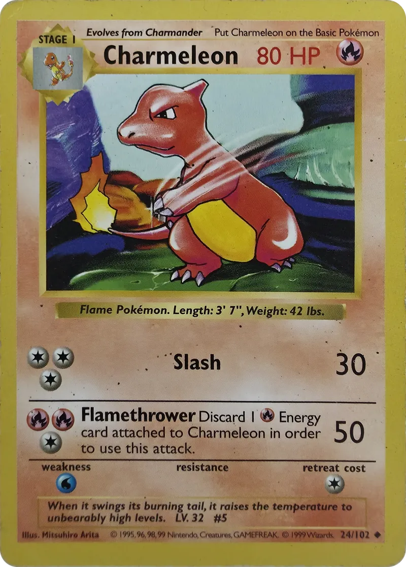1999 Pokemon Base Set Charmeleon #24/102 Shadowless Uncommon, front
