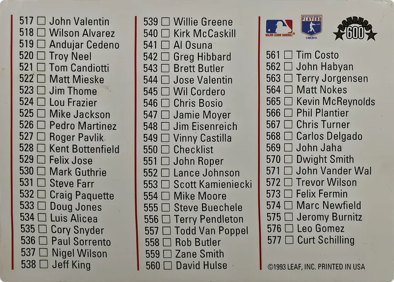 1994 Donruss Checklist #600 (495-577), back