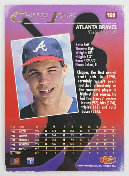 1994 Sportflics 2000 Chipper Jones #160 Atlanta Braves Rookie back