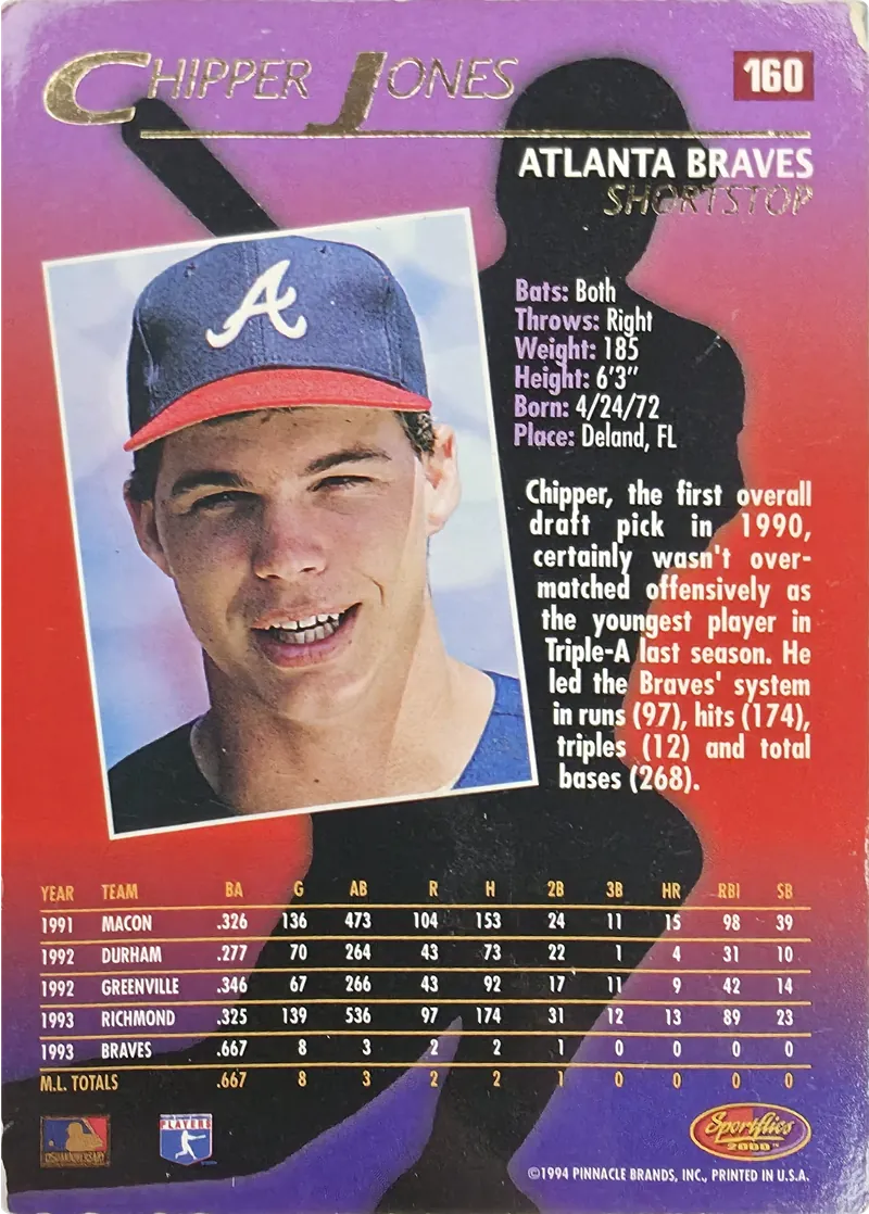 1994 Sportflics 2000 Chipper Jones #160 Atlanta Braves Rookie, back