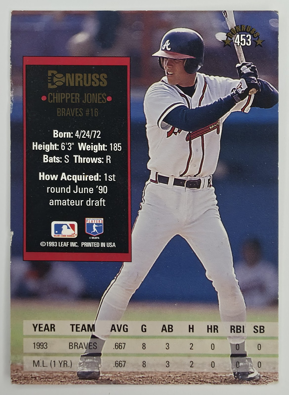 1994 Donruss Chipper Jones #453 Atlanta Braves back