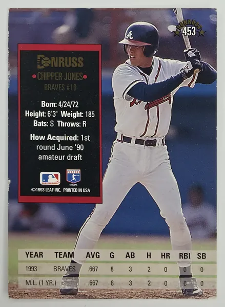 1994 Donruss Chipper Jones #453 Atlanta Braves back