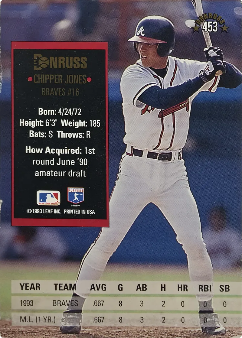 1994 Donruss Chipper Jones #453 Atlanta Braves, back